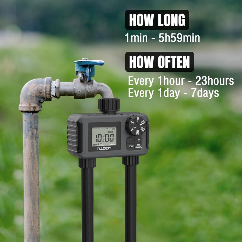 Raddy WS-5 Sprinkler Timer 2 Zone, Programmable Water Hose Timer 2 Outlet for Garden, Outdoor Automatic Irrigation System IP55 Waterproof with Rain Delay/Manual for Lawn, Yard, Pool - Image 2